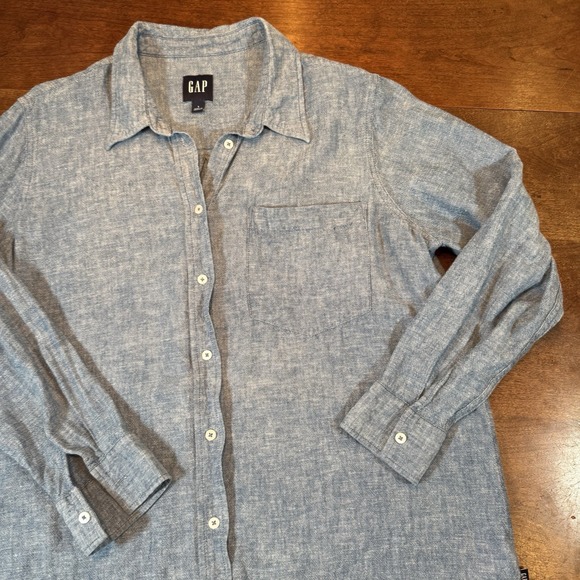 Set Of 2 GAP Women Shirt Linen Blend Pink & Chambray LS Button Up Collared Large - Picture 8 of 12